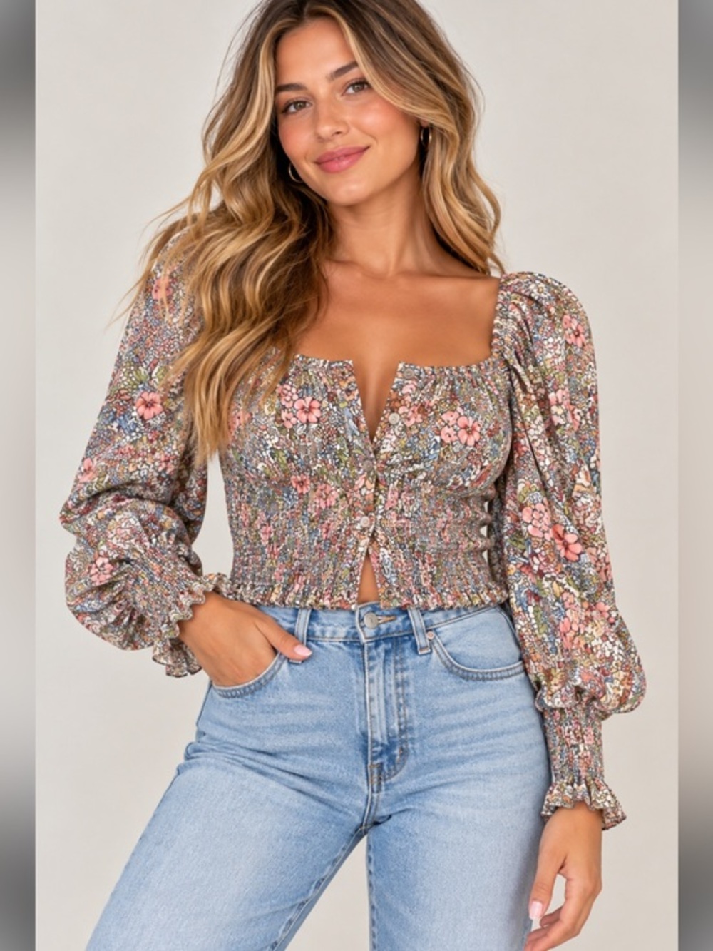 BuddyLove Floral Smocked Long Sleeve Blouse Top Size Large Cottagecore